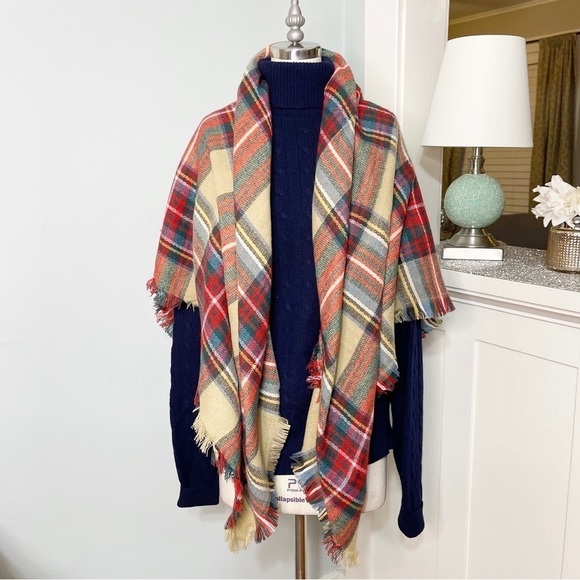 Tartan Plaid Red Tan & Green Oversized Square Blanket Scarf - Picture 6 of 10